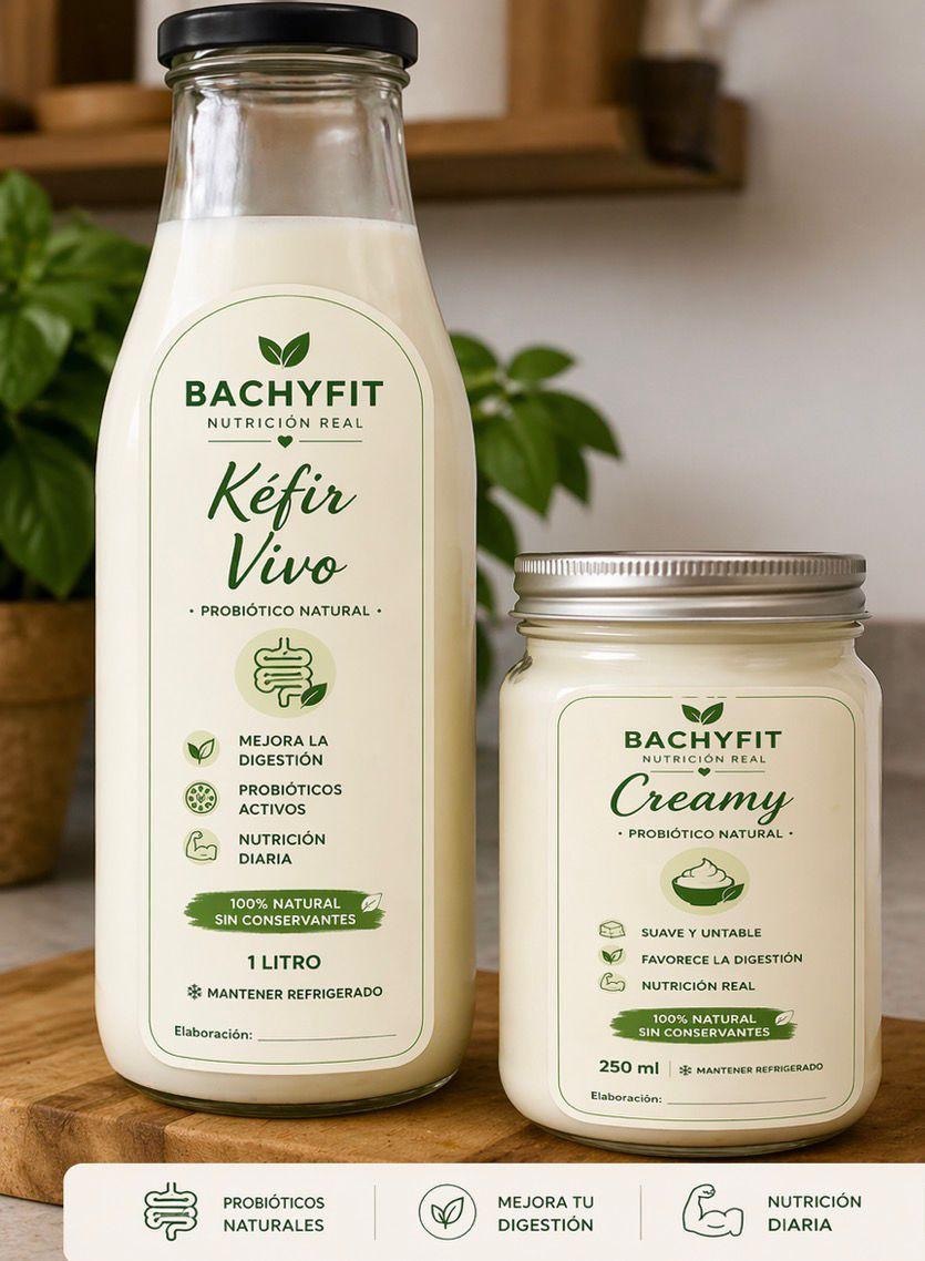 Kéfir Vivo y Creamy Bachyfit sobre tabla de madera